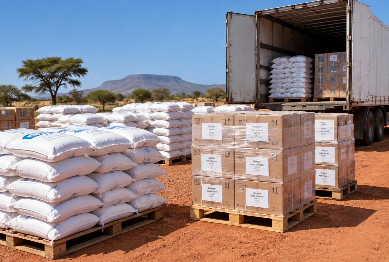 Relief and programme supplies palletised beside an open truck trailer