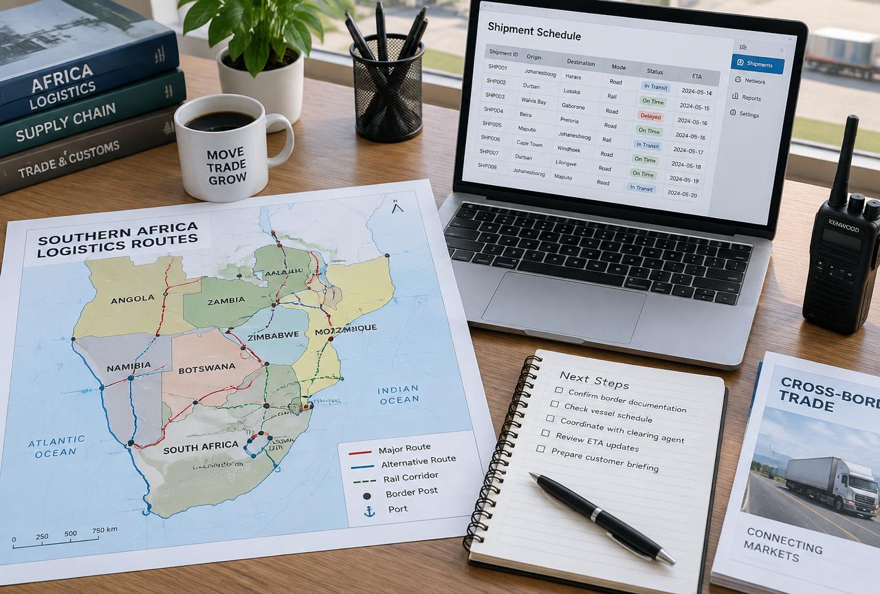 Route map, shipment schedule and planning notes on a coordination desk