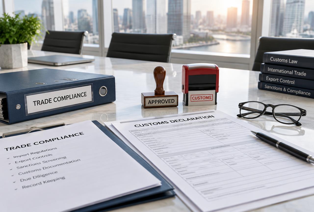 Customs declaration and trade compliance documents laid out on a boardroom table